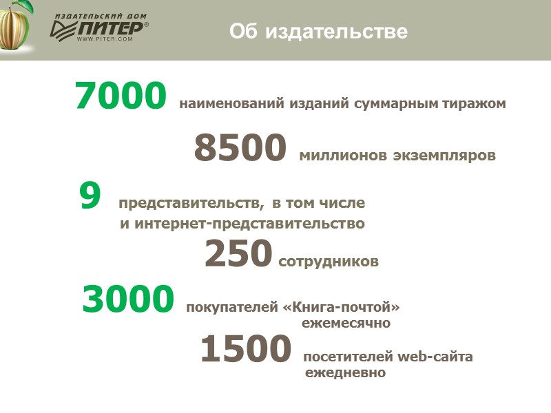 7000 наименований изданий суммарным тиражом  8500 миллионов экземпляров 250 сотрудников 9  представительств,